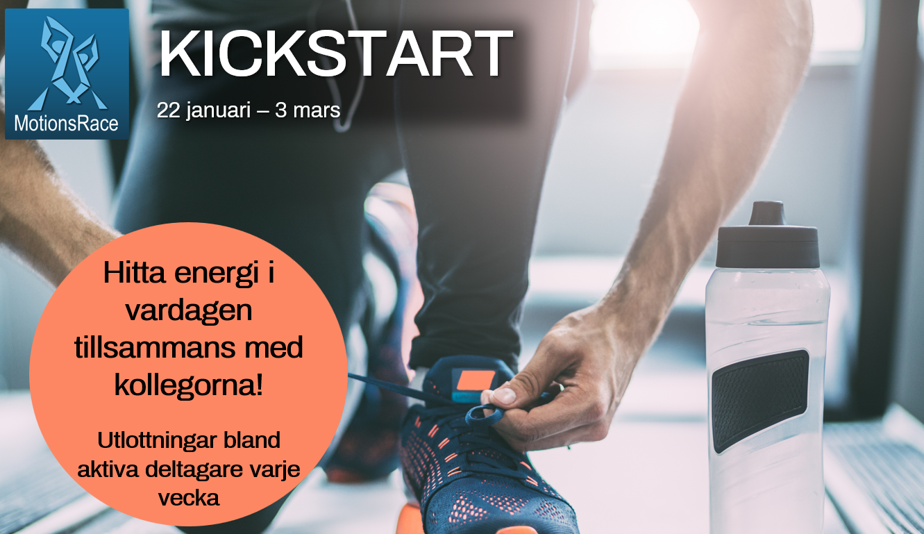 Närbild på person som knyter en sko. Text MotionsRace KICKSTART 22 januari - 3 mars. Hitta energi i vardagen tillsammans med kollegorna. 