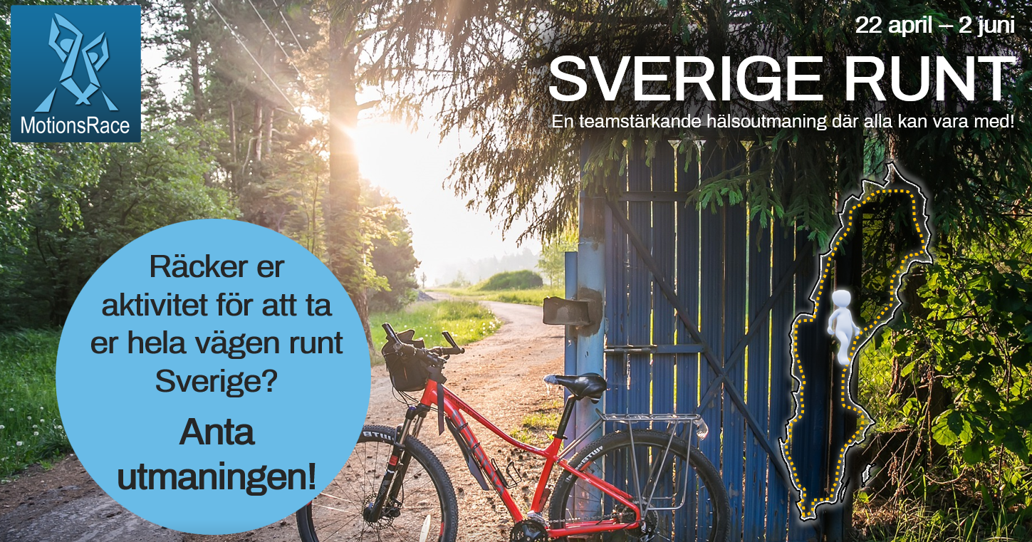 Bild på en röd cykel som står lutad mot ett blått plan i en skogsdunge. Text MotionsRace Sverige Runt 22 april -  2 juni.