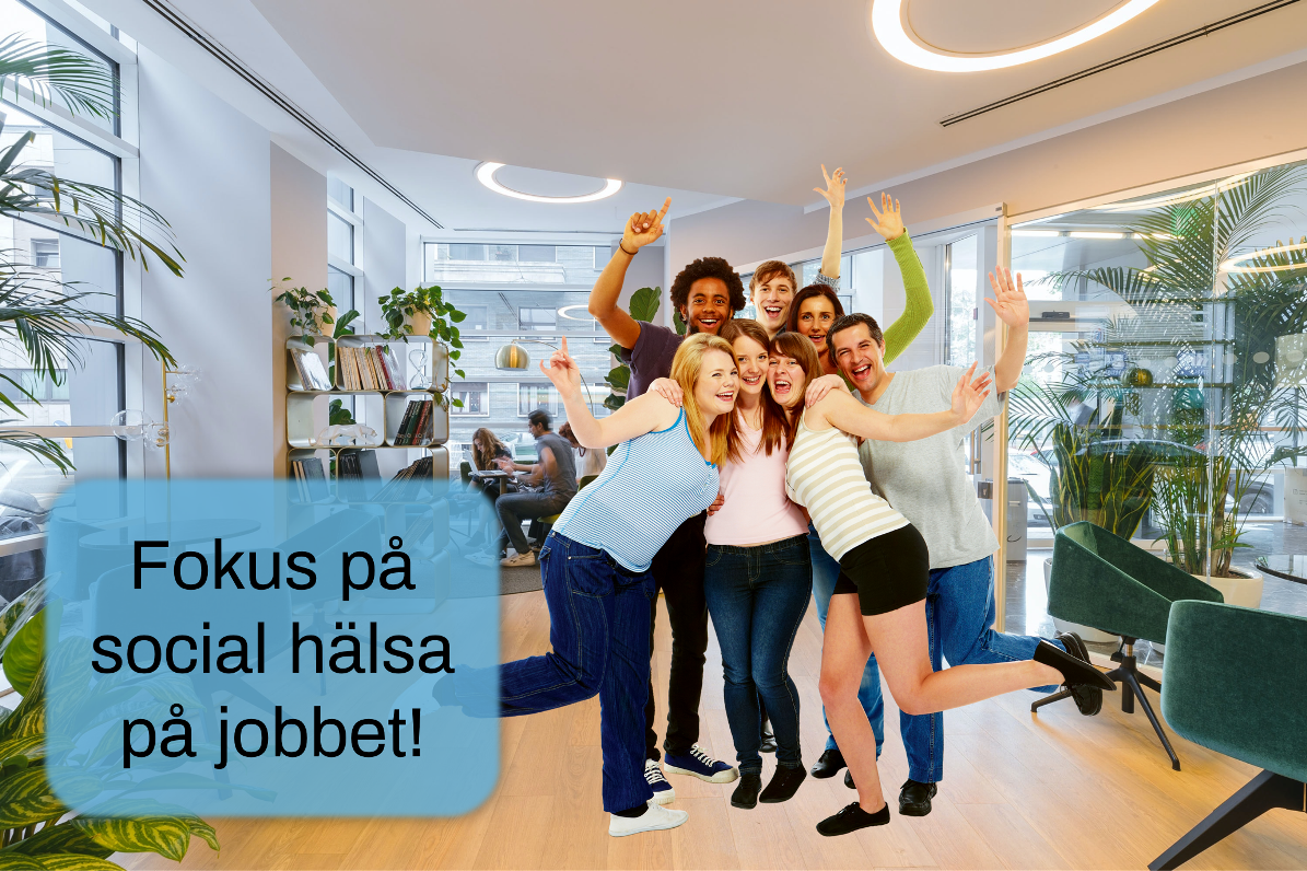 Bild på en grupp personer som står på ett kontor. Två blå cirklar med text, Fokus på hälsa på arbetsplatsen. 200 kr per deltagare.